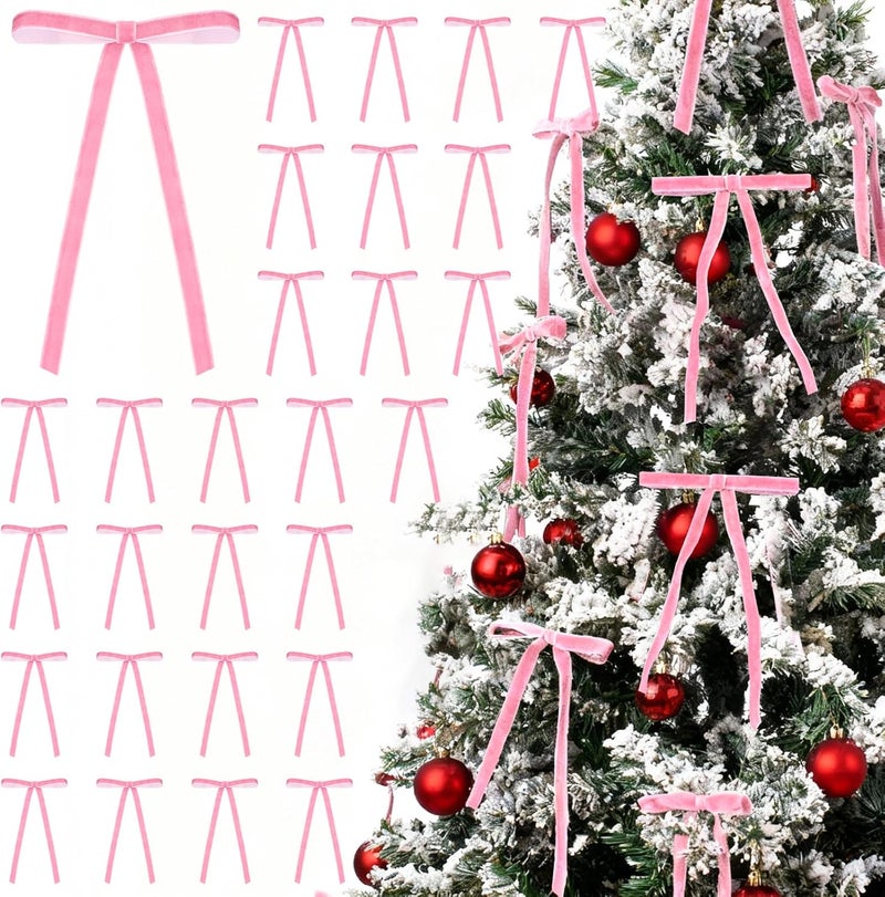 REDWORD 30PCs Pink Bows for Christmas Tree, 5 x 7 Inch Pink Velvet Bows Velvet Christmas Ornaments Pink Christmas Tree Bows for Vintage Christmas Decor Holiday Decor, Gift Wrapping and Wedding - Image 1